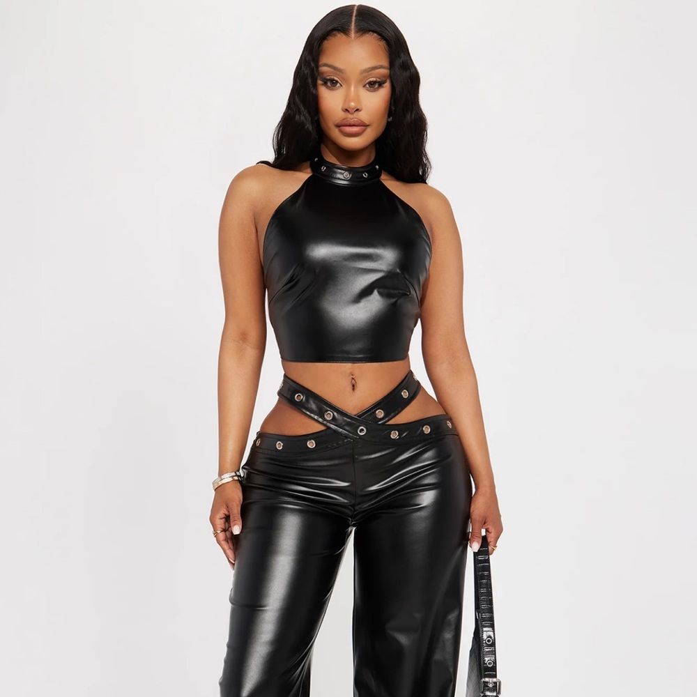 Danger Ahead Faux Leather Pant Set - Black